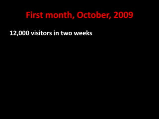 First month, October, 2009
12,000 visitors in two weeks

@mattrsullivan #lavacon

 