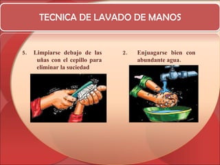 TECNICA DE LAVADO DE MANOS 5.  Limpiarse debajo de las uñas con el cepillo para eliminar la suciedad Enjuagarse bien con abundante agua. 