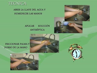 TECNICA
ABRIR LA LLAVE DEL AGUA Y
HUMEDECER LAS MANOS
APLICAR SOLUCIÓN
ANTISÉPTICA
FRICCIONAR PALMA Y
DORSO DE LA MANO
 