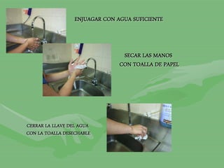 ENJUAGAR CON AGUA SUFICIENTE
SECAR LAS MANOS
CON TOALLA DE PAPEL
CERRAR LA LLAVE DEL AGUA
CON LA TOALLA DESECHABLE
 