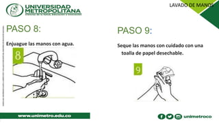 PASO 8:
Enjuague las manos con agua.
PASO 9:
Seque las manos con cuidado con una
toalla de papel desechable.
 