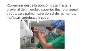 -Comenzar desde la porción distal hasta la
proximal del miembro superior (lecho ungueal,
dedos, cara palmar, cara dorsal de las manos,
muñecas, antebrazo y codo.
 