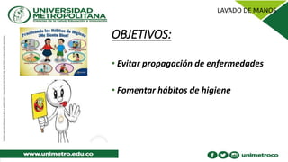 OBJETIVOS:
• Evitar propagación de enfermedades
• Fomentar hábitos de higiene
 