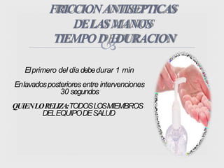 FRICCIONANTISEPTICAS
DELASMANOS
TIEMPOD
EDURACION
Elprimero del día debedurar 1 min
Enlavadosposteriores entre intervenciones
30 segundos
QUIENLORELIZA:TODOSLOSMIEMBROS
DELEQUIPODESALUD
 