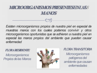 Existen microorganismos propios de nuestra piel en especial de
muestras manos con los cuales podemos convivir y otros
microorganismos oportunistas que seadhieren a nuestra piel en
especial las manos propios del ambiente que pueden causar
enfermedad
MICROORGANISMOSPRESENTESENLAS
MANOS

FLORARESIDENTE
Microorganismos
Propiosdelas Manos
FLORATRANSITORIA
Microorganismos
patógenosdel
ambiente quecausan
enfermedades
 