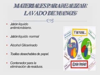  Jabónliquido
antimicrobiano.
 Jabónliquido normal
 Alcohol Glicerinado
 Toallasdesechablesde papel.
 Contenedorpara la
eliminación deresiduos.
MATERIALESPARAREALIZAR
LAVADODEMANOS
 