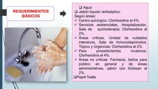 ❑ Agua
❑ Jabón líquido /antiséptico:
Según áreas:
✓ Centro quirúrgico: Clorhexidina al 4%.
asistenciales, Hospitalización,
quimioterapia: Clorhexidina al
✓ Servicios
Sala de
2%.
✓ Áreas críticas, Unidad de cuidados
intensivos, Sala de Inmunodeprimidos,
Tópico y Urgencias: Clorhexidina al 2%.
✓ Para procedimientos invasivos:
Clorhexidina al 4%.
✓ Áreas no críticas: Farmacia, baños para
general
Jabón
y de áreas
con triclosan al
público en
administrativas,
2%.
❑Papel Toalla.
REQUERIMIENTOS
BÁSICOS
 