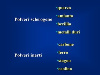 •quarzo
                     •amianto
Polveri sclerogene
                     •berillio
                     •metalli duri

                     •carbone
                     •ferro
Polveri inerti
                     •stagno
                     •caolino
 