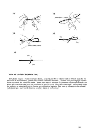 Nudo del cirujano (Surgeon´s knot)

   El nudo del cirujano o “nudo del cirujano doble”, al igual que el "blood o barrel knot" es utilizado para atar dos
secciones de monofilamento, ya sean de diámetros similares o diferentes. Con este nudo podrá agregar tippet al
leader o conectar dos tramos del leader. A este nudo le podrá aumentar su coeficiente de resistencia dando une
vuelta adicional por entre el lazo, con esta forma es conocido como "Nudo del cirujano triple" y aún cuando no es
tan prolijo en su presentación como el doble, su resistencia lo favorece. Este nudo se utiliza como alternativa al
nudo de sangre o barril siendo éste más sencillo y rápido de confeccionar.




                                                                                                       100
 