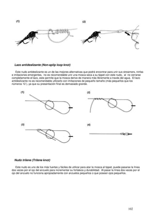 Lazo antideslizante (Non-splip loop knot)

   Este nudo antideslizante es un de las mejores alternativas que podrá encontrar para unir sus streamers, ninfas
e imitaciones emergentes, no es recomendable unir una mosca seca a su tippet con este nudo, al no cerrarse
completamente el lazo, este permite que la mosca derive de manera más libremente a través del agua. El lazo
antideslizante no es recomendable utilizarlo con imitaciones de pequeño tamaño (más pequeños que los
números 12 ), ya que su presentación final es demasiado grande.




  Nudo trilene (Trilene knot)

   Este nudo es uno de los más fuertes y fáciles de utilizar para atar la mosca al tippet, puede pasarse la línea
dos veces por el ojo del anzuelo para incrementar su fortaleza y durabilidad. Al pasar la línea dos veces por el
ojo del anzuelo no funciona apropiadamente con anzuelos pequeños o que posean ojos pequeños.




                                                                                                      102
 