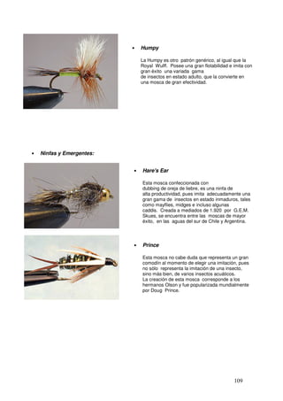 •   Humpy

                                    La Humpy es otro patrón genérico, al igual que la
                                    Royal Wulff. Posee una gran flotabilidad e imita con
                                    gran éxito una variada gama
                                    de insectos en estado adulto, que la convierte en
                                    una mosca de gran efectividad.




•   Ninfas y Emergentes:


                                •   Hare's Ear

                                    Esta mosca confeccionada con
                                    dubbing de oreja de liebre, es una ninfa de
                           __       alta productividad, pues imita adecuadamente una
                                    gran gama de insectos en estado inmaduros, tales
                                    como mayflies, midges e incluso algunas
                                    caddis. Creada a mediados de 1.920 por G.E.M.
                                    Skues, se encuentra entre las moscas de mayor
                                    éxito, en las aguas del sur de Chile y Argentina.




                                •   Prince

                                    Esta mosca no cabe duda que representa un gran
                                    comodín al momento de elegir una imitación, pues
                                    no sólo representa la imitación de una insecto,
                                    sino más bien, de varios insectos acuáticos.
                                    La creación de esta mosca corresponde a los
                                    hermanos Olson y fue popularizada mundialmente
                                    por Doug Prince.




                                                                               109
 