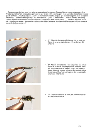 Recuerdo cuando hace unos tres años, un pescador de los buenos, Eduardo Bruno, me contaba que en el río
Rivadavia una trucha lo estaba desesperando ya que la veía subir a comer, pero ni se acercaba al desfile de moscas
que él le ofrecía… “hasta que puse… ¿cómo se llama esa mosca tan chiquita que cuándo la agarrás se te escapa de
los dedos?”… comencé a reír y le dije.. “la Griffith´s Gnat”… ¡Esa!.. – me contestó-… “la puse frente a la trucha y
cuando le pasó cerca la tomó con tanta delicadeza que apenas pude darme cuenta…”… tenía un poco mas de un
kilo y peleó como pocas… Me puse tan contento que ni bien la devolví al agua colgué la mosca en el hook keeper y
esa tarde dejé de pescar…”.




                                                       •   1° Atar una pluma de gallo bataraz por su base con
                                                              .
                                                           fibras de un largo equivalente a 1 ½ al abertura del
                                                __         anzuelo.




                                                       •   2° Atar en el mismo sitio y por sus puntas una o mas
                                                              .
                                                           fibras de pluma de cola de pavo real. Para casi todos
                                                           los tamaños en que se ata esta mosca una sola fibra
                                                           basta si tiene la longitud suficiente. En caso de utilizar
                                                           la técnica del “loop” conviene poner dos o mas según
                                                           el tamaño del anzuelo.




                                                       •   3° Enroscar la/s fibras de pavo real conformando así
                                                              .
                                                           el cuerpo de la mosca.




                                                                                                        178
 