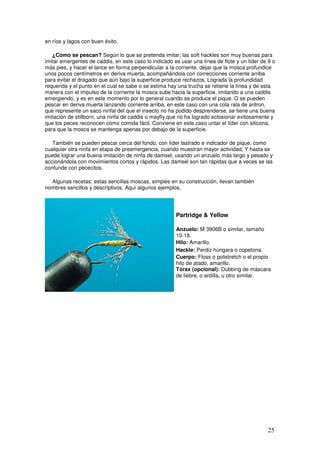 en ríos y lagos con buen éxito.

   ¿Cómo se pescan? Según lo que se pretenda imitar; las soft hackles son muy buenas para
imitar emergentes de caddis, en este caso lo indicado es usar una línea de flote y un líder de 9 o
más pies, y hacer el lance en forma perpendicular a la corriente, dejar que la mosca profundice
unos pocos centímetros en deriva muerta, acompañándola con correcciones corriente arriba
para evitar el dragado que aún bajo la superficie produce rechazos. Lograda la profundidad
requerida y el punto en el cual se sabe o se estima hay una trucha se retiene la línea y de esta
manera con el impulso de la corriente la mosca sube hacia la superficie, imitando a una caddis
emergiendo, y es en este momento por lo general cuando se produce el pique. O se pueden
pescar en deriva muerta lanzando corriente arriba, en este caso con una cola rala de antron,
que represente un saco ninfal del que el insecto no ha podido desprenderse, se tiene una buena
imitación de stillborn, una ninfa de caddis o mayfly que no ha logrado eclosionar exitosamente y
que los peces reconocen como comida fácil. Conviene en este caso untar el líder con silicona,
para que la mosca se mantenga apenas por debajo de la superficie.

   También se pueden pescar cerca del fondo, con líder lastrado e indicador de pique, como
cualquier otra ninfa en etapa de preemergencia, cuando muestran mayor actividad. Y hasta se
puede lograr una buena imitación de ninfa de damsel, usando un anzuelo más largo y pesado y
accionándola con movimientos cortos y rápidos. Las damsel son tan rápidas que a veces se las
confunde con pececitos.

  Algunas recetas: estas sencillas moscas, simples en su construcción, llevan también
nombres sencillos y descriptivos. Aquí algunos ejemplos.




                                                       Partridge & Yellow

                                                       Anzuelo: M 3906B o similar, tamaño
                                                       10-18.
                                                       Hilo: Amarillo.
                                                       Hackle: Perdiz húngara o copetona.
                                                       Cuerpo: Floss o polistretch o el propio
                                                       hilo de atado, amarillo.
                                                       Tórax (opcional): Dubbing de máscara
                                                       de liebre, o ardilla, u otro similar.




                                                                                              25
 