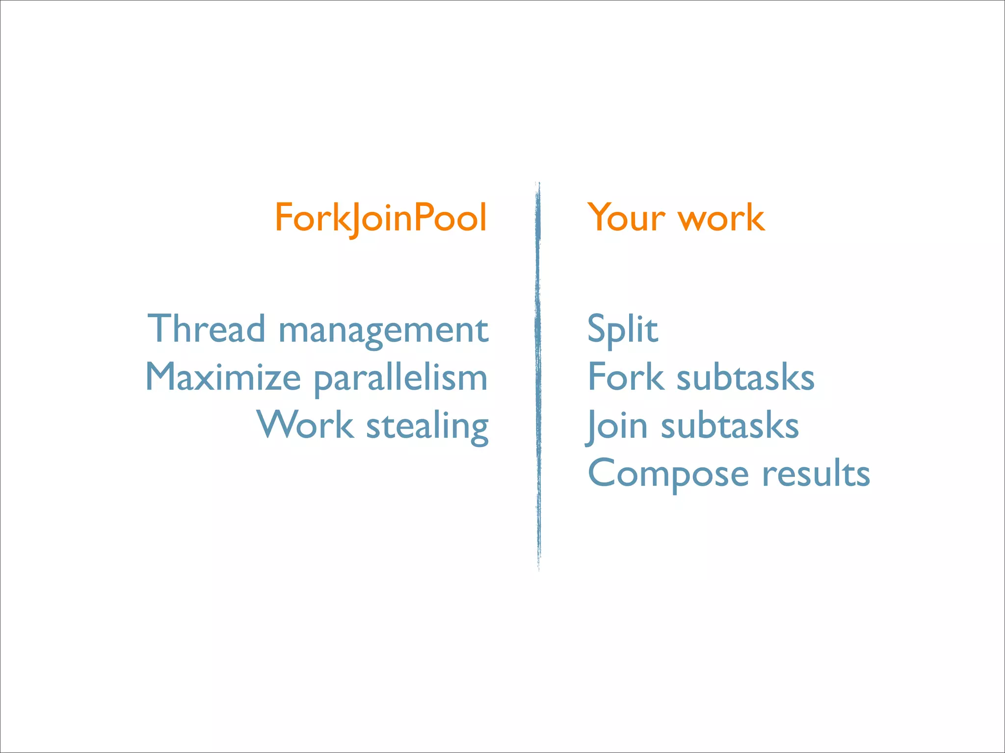 ForkJoinPool    Your work

Thread management      Split
Maximize parallelism   Fork subtasks
      Work stealing    Join subtasks
                       Compose results
 