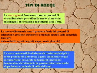 TIPI DI ROCCE
Le rocce ignee si formano attraverso processi di
cristallizzazione, per raffreddamento, di materiali
fusi(magmi) che risalgono dall’interno della Terra.
Le rocce sedimentarie sono il prodotto finale dei processi di
alterazione, erosione, trasporto e accumulo operati sulla superficie
terrestre
dai cosiddetti agenti esogeni( acqua, vento ghiaccio)
Le rocce metamorfiche derivano da trasformazioni più o
meno profonde di altre rocce ( ignee, sedimentarie o già
metamorfiche) provocate da fenomeni (pressioni e
temperature elevatissime) che possono intervenire anche
dopo decine o centinaia di milioni di anni
 