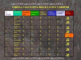 TABELLA VALUTATIVA DELLE CAVITA’ CARSICHE
N.
Scheda
Toponimo Accessib
ilità
Conserva
zione
Valore
ecologico
Valore
scientifico
Potenzialità
turistiche
VOTO
FINALE
7 Grotta del
cane
7 6 6 7 7 32
8 Cavernone
di
Marzalossa
7 8 7 7 7 36
9 Grotta dei
suini
7 5 6 7 8 33
10 Grotta delle
spine
7 7 6 7 8 35
11 Grotta del
Busine
8 7 6 7 9 37
12 Il
Gravaglione
8 5 7 6 6 32
13 Cavernone
di Lama
Grotta
7 8 7 6 7 35
14 Cavernetta
di Lama
Grotta
8 8 7 6 7 36
15 Grave del
Monte
5 6 7 6 5 29
 