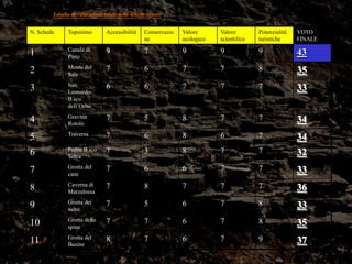 N. Scheda Toponimo Accessibilità Conservazio
ne
Valore
ecologico
Valore
scientifico
Potenzialità
turistiche
VOTO
FINALE
1 Canale di
Pirro
9 7 9 9 9 43
2 Monte del
Sale
7 6 7 7 8 35
3 San
Leonardo-
B.sco
dell’Orbo
6 6 7 7 7 33
4 Gravina
Rotolo
7 5 8 7 7 34
5 Traversa 7 6 8 6 7 34
6 Pozze B.sco
Selva
7 3 8 7 7 32
7 Grotta del
cane
7 6 6 7 7 33
8 Caverna di
Marzalossa
7 8 7 7 7 36
9 Grotta dei
suini
7 5 6 7 8 33
10 Grotta delle
spine
7 7 6 7 8 35
11 Grotta del
Busine
8 7 6 7 9 37
Tabella di valutazione totale delle schede censite
 