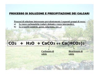PROCESSO DI SOLUZONE E PRECIPITAZIONE DEI CALCARI
Processi di soluzione interessano prevalentemente i seguenti gruppi di rocce:
a) Le rocce carbonatiche (calari, dolomie e rocce intermedie);
b) Le evaoriti (anidrite, gesso, salgemma, ecc…)
CO2 + H2O + CaCO3  Ca(HCO3)2
Carbonato di
calcio
Bicarbonato di
calcio
 