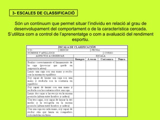 3- ESCALES DE CLASSIFICACIÓ Són un continuum que permet situar l’individu en relació al grau de desenvolupament del comportament o de la característica cercada. S’utilitza com a control de l’aprenentatge o com a avaluació del rendiment esportiu. 
