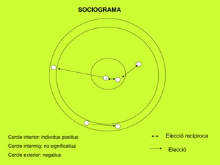 SOCIOGRAMA 1 Cercle interior: individus positius Cercle intermig: no significatius Cercle exterior: negatius Elecció recíproca Elecció 