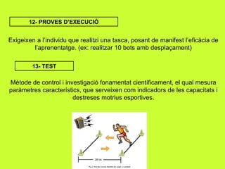12- PROVES D’EXECUCIÓ Exigeixen a l’individu que realitzi una tasca, posant de manifest l’eficàcia de l’aprenentatge. (ex: realitzar 10 bots amb desplaçament) 13- TEST Mètode de control i investigació fonamentat científicament, el qual mesura paràmetres característics, que serveixen com indicadors de les capacitats i destreses motrius esportives. 