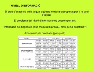 - NIVELL D’INFORMACIÓ El grau d’exactitud amb la qual aquesta mesura la propietat per a la qual s’aplica. El problema del nivell d’informació es descompon en: Informació de diagnòstic (què mesura la prova?, amb quina exactitud?) Informació de pronòstic (per què?) 