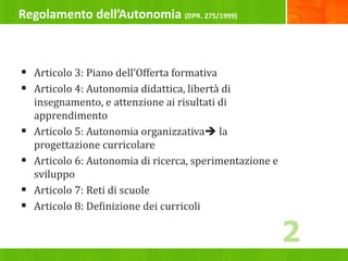 Regolamento dell’Autonomia (DPR. 275/1999)
 Articolo 3: Piano dell’Offerta formativa
 Articolo 4: Autonomia didattica, libertà di
insegnamento, e attenzione ai risultati di
apprendimento
 Articolo 5: Autonomia organizzativa la
progettazione curricolare
 Articolo 6: Autonomia di ricerca, sperimentazione e
sviluppo
 Articolo 7: Reti di scuole
 Articolo 8: Definizione dei curricoli
2
 