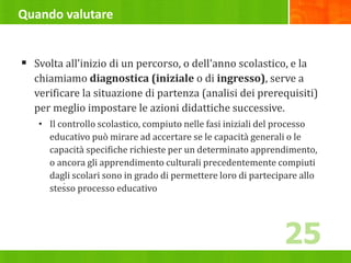 Quando valutare
 Svolta all'inizio di un percorso, o dell'anno scolastico, e la
chiamiamo diagnostica (iniziale o di ingresso), serve a
verificare la situazione di partenza (analisi dei prerequisiti)
per meglio impostare le azioni didattiche successive.
• Il controllo scolastico, compiuto nelle fasi iniziali del processo
educativo può mirare ad accertare se le capacità generali o le
capacità specifiche richieste per un determinato apprendimento,
o ancora gli apprendimento culturali precedentemente compiuti
dagli scolari sono in grado di permettere loro di partecipare allo
stesso processo educativo
.
25
 