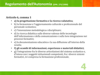 Regolamento dell’Autonomia (DPR. 275/1999)
Articolo 6, comma 1
• a) la progettazione formativa e la ricerca valutativa;
• b) la formazione e l'aggiornamento culturale e professionale del
personale scolastico;
• c) l'innovazione metodologica e disciplinare;
• d) la ricerca didattica sulle diverse valenze delle tecnologie
dell'informazione e della comunicazione e sulla loro integrazione nei
processi formativi;
• e) la documentazione educativa e la sua diffusione all'interno della
scuola;
• f) gli scambi di informazioni, esperienze e materiali didattici;
• g) l'integrazione fra le diverse articolazioni del sistema scolastico e,
d'intesa con i soggetti istituzionali competenti, fra i diversi sistemi
formativi, ivi compresa la formazione professionale.
4
 