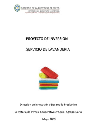 PROYECTO DE INVERSION
SERVICIO DE LAVANDERIA

Dirección de Innovación y Desarrollo Productivo
Secretaría de Pymes, Cooperativas y Social Agropecuario
Mayo 2009

 