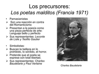 Los precursores:
Los poetas malditos (Francia 1971)
• Parnasianistas
 Son una reacción en contra
del Romanticismo
 Presentan a la poesía como
una pieza perfecta de arte:
Lenguaje bello y perfecto
 Sus representantes: Leconte
de Lisle y Teofilo Gautier
• Simbolistas:
 Buscan la belleza en lo
prohibido, lo sórdido, el horror.
 Pretende que el poeta se
exprese con total libertad.
 Sus representantes: Charles
Baudelarie y Paul Verlaine
Charles Baudelarie
 