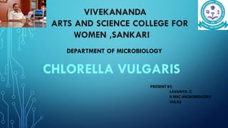 CHLORELLA VULGARIS
VIVEKANANDA
ARTS AND SCIENCE COLLEGE FOR
WOMEN ,SANKARI
DEPARTMENT OF MICROBIOLOGY
PRESENT BY,
LAVANYA .C
II MSC MICROBIOLOGY
VIAAS
 