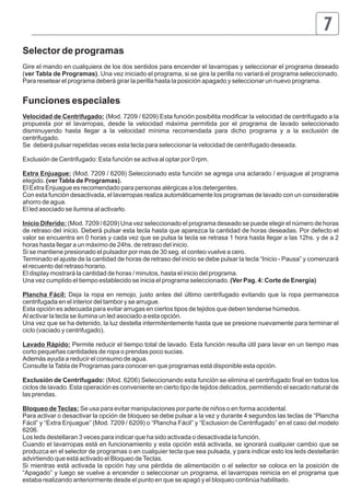 7 
Selector de programas 
Gire el mando en cualquiera de los dos sentidos para encender el lavarropas y seleccionar el programa deseado 
(ver Tabla de Programas). Una vez iniciado el programa, si se gira la perilla no variará el programa seleccionado. 
Para resetear el programa deberá girar la perilla hasta la posición apagado y seleccionar un nuevo programa. 
Funciones especiales 
Velocidad de Centrifugado: (Mod. 7209 / 6209) Esta función posibilita modificar la velocidad de centrifugado a la 
propuesta por el lavarropas, desde la velocidad máxima permitida por el programa de lavado seleccionado 
disminuyendo hasta llegar a la velocidad mínima recomendada para dicho programa y a la exclusión de 
centrifugado. 
Se deberá pulsar repetidas veces esta tecla para seleccionar la velocidad de centrifugado deseada. 
Exclusión de Centrifugado: Esta función se activa al optar por 0 rpm. 
Extra Enjuague: (Mod. 7209 / 6209) Seleccionado esta función se agrega una aclarado / enjuague al programa 
elegido. (ver Tabla de Programas). 
El Extra Enjuague es recomendado para personas alérgicas a los detergentes. 
Con esta función desactivada, el lavarropas realiza automáticamente los programas de lavado con un considerable 
ahorro de agua. 
El led asociado se ilumina al activarlo. 
Inicio Diferido: (Mod. 7209 / 6209) Una vez seleccionado el programa deseado se puede elegir el número de horas 
de retraso del inicio. Deberá pulsar esta tecla hasta que aparezca la cantidad de horas deseadas. Por defecto el 
valor se encuentra en 0 horas y cada vez que se pulsa la tecla se retrasa 1 hora hasta llegar a las 12hs. y de a 2 
horas hasta llegar a un máximo de 24hs. de retraso del inicio. 
Si se mantiene presionado el pulsador por mas de 30 seg. el conteo vuelve a cero. 
Terminado el ajuste de la cantidad de horas de retraso del inicio se debe pulsar la tecla “Inicio - Pausa” y comenzará 
el recuento del retraso horario. 
El display mostrará la cantidad de horas / minutos, hasta el inicio del programa. 
Una vez cumplido el tiempo establecido se inicia el programa seleccionado. (Ver Pag. 4: Corte de Energía) 
Plancha Fácil: Deja la ropa en remojo, justo antes del último centrifugado evitando que la ropa permanezca 
centrifugada en el interior del tambor y se arrugue. 
Esta opción es adecuada para evitar arrugas en ciertos tipos de tejidos que deben tenderse húmedos. 
Al activar la tecla se ilumina un led asociado a esta opción. 
Una vez que se ha detenido, la luz destella intermitentemente hasta que se presione nuevamente para terminar el 
ciclo (vaciado y centrifugado). 
Lavado Rápido: Permite reducir el tiempo total de lavado. Esta función resulta útil para lavar en un tiempo mas 
corto pequeñas cantidades de ropa o prendas poco sucias. 
Además ayuda a reducir el consumo de agua. 
Consulte la Tabla de Programas para conocer en que programas está disponible esta opción. 
Exclusión de Centrifugado: (Mod. 6206) Seleccionando esta función se elimina el centrifugado final en todos los 
ciclos de lavado. Esta operación es conveniente en cierto tipo de tejidos delicados, permitiendo el secado natural de 
las prendas. 
Bloqueo de Teclas: Se usa para evitar manipulaciones por parte de niños o en forma accidental. 
Para activar o desactivar la opción de bloqueo se debe pulsar a la vez y durante 4 segundos las teclas de “Plancha 
Fácil” y “Extra Enjuague” (Mod. 7209 / 6209) o “Plancha Fácil” y “Exclusion de Centrifugado” en el caso del modelo 
6206. 
Los leds destellaran 3 veces para indicar que ha sido activada o desactivada la función. 
Cuando el lavarropas está en funcionamiento y esta opción está activada, se ignorará cualquier cambio que se 
produzca en el selector de programas o en cualquier tecla que sea pulsada, y para indicar esto los leds destellarán 
advirtiendo que está activado el Bloqueo de Teclas. 
Si mientras está activada la opción hay una pérdida de alimentación o el selector se coloca en la posición de 
“Apagado” y luego se vuelve a encender o seleccionar un programa, el lavarropas reinicia en el programa que 
estaba realizando anteriormente desde el punto en que se apagó y el bloqueo continúa habilitado. 
 
