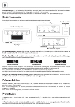 8 
Bloqueo de puerta: Una vez iniciado el programa de lavado seleccionado, un dispositivo de seguridad bloquea la 
puerta hasta el final del ciclo para evitar riesgos por movimiento o temperatura. 
Luego de 3 minutos de terminado el ciclo de lavado y que el display indique “FIN” se podrá abrir la puerta. 
Display (según modelo) 
El display brinda información en tiempo real de la evolución del proceso de lavado. 
Barra de avance de programa 
Lavado Enjuague Suavizante Centrifugado Vaciado 
Lavaurora 7209 
Barra de avance de programa 
Lavado Enjuague Suavizante Centrifugado 
Lavaurora 6209 
Lavado Enjuague Suavizante Centrifugado 
Lavaurora 6206 
Vaciado F in 
Vaciado F in 
Barra de avance de programa 
Indicador de velocidad 
de centrifugado 
Display digital 
900 
600 
0 
Barra de avance de programa: Mediante el encendido de cada uno de los leds indica que etapa del proceso de 
lavado se está realizando dentro del programa seleccionado. 
Display digital: Durante la selección del programa indica: el tiempo del ciclo de lavado, la temperatura del agua y la 
velocidad de centrifugado del programa seleccionado: 
Tiempo del ciclo de lavado Temperatura del agua Velocidad de centrifugado 
Una vez seleccionado el programa si se modifica la velocidad de centrifugado recomendada mediante el uso del 
pulsador correspondiente, el display indica la velocidad elegida según la preferencia del usuario. 
Si se seleccionó el inicio diferido, muestra el tiempo restante para el inicio del programa. 
Durante el lavado el display brinda información d el tiempo restante para el fin del programa seleccionado. 
Indicador de velocidad de centrifugado: Muestra la velocidad de centrifugado propuesta por el programa y las 
modificaciones que realice mediante el uso del pulsador correspondiente. 
Pulsador de inicio 
Una vez que haya seleccionado el programa y las funciones deseadas, presione el pulsador “Inicio | Pausa” para 
poner en marcha el lavarropas. 
Para pausar un programa de lavado, presione nuevamente este botón; la luz de estado en la barra de avance 
empezará a destellar. 
Para continuar con el programa, presione nuevamente el botón. 
Primer lavado 
☼ Abra la puerta e introduzca la ropa (como se indica en la Pag. 5: Carga de ropa), luego de esto vuelva a cerrar la 
puerta. 
☼ Abra la jabonera, mida la dosis de jabón en polvo o jabón líquido en un vaso graduado en función de las 
recomendaciones del fabricante de jabón y viértalo en el compartimiento principal 2. 
 