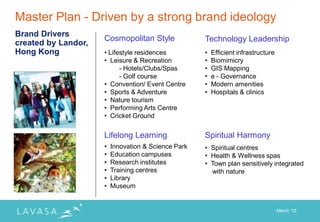 Master Plan - Driven by a strong brand ideology
Brand Drivers
                     Cosmopolitan Style              Technology Leadership
created by Landor,
Hong Kong            • Lifestyle residences          •   Efficient infrastructure
                     • Leisure & Recreation          •   Biomimicry
                           - Hotels/Clubs/Spas       •   GIS Mapping
                           - Golf course             •   e - Governance
                     • Convention/ Event Centre      •   Modern amenities
                     • Sports & Adventure            •   Hospitals & clinics
                     • Nature tourism
                     • Performing Arts Centre
                     • Cricket Ground


                     Lifelong Learning               Spiritual Harmony
                     •   Innovation & Science Park   • Spiritual centres
                     •   Education campuses          • Health & Wellness spas
                     •   Research institutes         • Town plan sensitively integrated
                     •   Training centres              with nature
                     •   Library
                     •   Museum


                                                                                    March „12
 