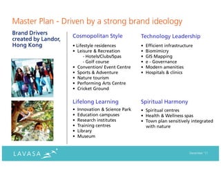 Master Plan - Driven by a strong brand ideology
Brand Drivers
                     Cosmopolitan Style              Technology Leadership
created by Landor,
Hong Kong            • Lifestyle residences          •   Efficient infrastructure
                     • Leisure & Recreation          •   Biomimicry
                           - Hotels/Clubs/Spas       •   GIS Mapping
                           - Golf course             •   e - Governance
                     • Convention/ Event Centre      •   Modern amenities
                     • Sports & Adventure            •   Hospitals & clinics
                     • Nature tourism
                     • Performing Arts Centre
                     • Cricket Ground


                     Lifelong Learning               Spiritual Harmony
                     •   Innovation & Science Park   • Spiritual centres
                     •   Education campuses          • Health & Wellness spas
                     •   Research institutes         • Town plan sensitively integrated
                     •   Training centres              with nature
                     •   Library
                     •   Museum


                                                                               December ‘11
 