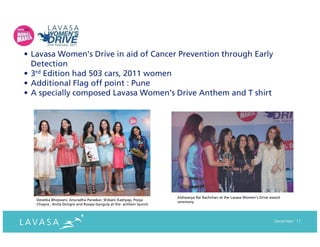 • Lavasa Women’s Drive in aid of Cancer Prevention through Early
  Detection
• 3rd Edition had 503 cars, 2011 women
• Additional Flag off point : Pune
• A specially composed Lavasa Women’s Drive Anthem and T shirt




                                                                  Aishwarya Rai Bachchan at the Lavasa Women’s Drive award
   Deveika Bhojwani, Anuradha Paraskar, Shibani Kashyap, Pooja
                                                                  ceremony
   Chopra , Anita Dongre and Roopa Ganguly at the anthem launch



                                                                                                                      December ‘11
 