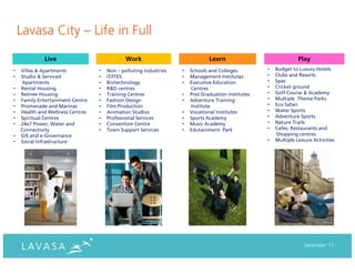 Lavasa City – Life in Full
             Live                             Work                             Learn                              Play
•   Villas & Apartments           •   Non – polluting industries   •   Schools and Colleges         •   Budget to Luxury Hotels
•   Studio & Serviced             •   IT/ITES                      •   Management Institutes        •   Clubs and Resorts
    Apartments                    •   Biotechnology                •   Executive Education          •   Spas
•   Rental Housing                •   R&D centres                      Centres                      •   Cricket ground
•   Retiree Housing               •   Training Centres             •   Post Graduation Institutes   •   Golf Course & Academy
•   Family Entertainment Centre   •   Fashion Design               •   Adventure Training           •   Multiple Theme Parks
•   Promenade and Marinas         •   Film Production                  Institute                    •   Eco Safari
•   Health and Wellness Centres   •   Animation Studios            •   Vocational Institutes        •   Water Sports
•   Spiritual Centres             •   Professional Services        •   Sports Academy               •   Adventure Sports
•   24x7 Power, Water and         •   Convention Centre            •   Music Academy                •   Nature Trails
    Connectivity                  •   Town Support Services        •   Edutainment Park             •   Cafes, Restaurants and
•   GIS and e-Governance                                                                                Shopping centres
•   Social Infrastructure                                                                           •   Multiple Leisure Activities




                                                                                                                     December ‘11
 