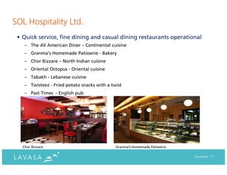 SOL Hospitality Ltd.
 • Quick service, fine dining and casual dining restaurants operational
    – The All American Diner – Continental cuisine
    – Granma’s Homemade Patisserie - Bakery
    – Chor Bizzare – North Indian cuisine
    – Oriental Octopus - Oriental cuisine
    – Tabakh - Lebanese cuisine
    – Twisteez - Fried potato snacks with a twist
    – Past Times - English pub




   Chor Bizzare                               Granma’s Homemade Patisserie

                                                                             December ‘11
 