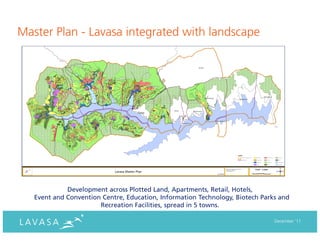 Master Plan - Lavasa integrated with landscape




             Development across Plotted Land, Apartments, Retail, Hotels,
   Event and Convention Centre, Education, Information Technology, Biotech Parks and
                       Recreation Facilities, spread in 5 towns.

                                                                               December ‘11
 