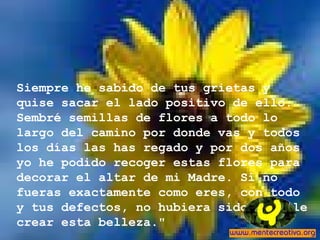 Siempre he sabido de tus grietas y
quise sacar el lado positivo de ello.
Sembré semillas de flores a todo lo
largo del camino por donde vas y todos
los días las has regado y por dos años
yo he podido recoger estas flores para
decorar el altar de mi Madre. Si no
fueras exactamente como eres, con todo
y tus defectos, no hubiera sido posible
crear esta belleza."
 