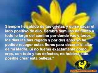 Siempre he sabido de tus grietas y quise sacar el
lado positivo de ello. Sembré semillas de flores a
todo lo largo del camino por donde vas y todos
los días las has regado y por dos años yo he
podido recoger estas flores para decorar el altar
de mi Madre. Si no fueras exactamente como
eres, con todo y tus defectos, no hubiera sido
posible crear esta belleza."
 