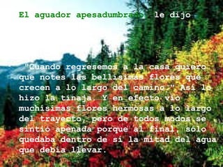 El aguador apesadumbrado,  le dijo compasivamente: "Cuando regresemos a la casa quiero que notes las bellísimas flores que crecen a lo largo del camino." Así lo hizo la tinaja. Y en efecto vio muchísimas flores hermosas a lo largo del trayecto, pero de todos modos se sintió apenada porque al final, sólo quedaba dentro de sí la mitad del agua  que debía llevar.  