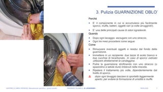 Perché
 E’ il componente in cui si accumulano più facilmente
sporco, muffa, batteri, oggetti vari (a volte arrugginiti!).
 E’ una delle principali cause di odori sgradevoli.
Quando
 Dopo ogni lavaggio: asciugare con uno straccio.
 Ogni tre mesi procedere come segue:
Come
 Rimuovere eventuali oggetti e residui dal fondo della
guarnizione.
 Immettere in un recipiente: due tazze di aceto bianco e
due cucchiai di bicarbonato. In caso di sporco ostinato
utilizzare direttamente la candeggina.
 Pulire la guarnizione strofinando con uno straccio (o
spazzolino a setole dure) imbevuti nella miscela.
 Ripetere il trattamento più volte, dipendentemente dal
livello di sporco.
⚠️ dopo ogni lavaggio lasciare lo sportello leggermente
aperto, per evitare la formazione di umidità e muffe.
5
3. Pulizia GUARNIZIONE OBLO’
LAVATRICE A CARICA FRONTALE: Manutenzione periodica = grandi benefici FERNANDO VILLANELLI «IL LAVANDAIO» 04/05/2020
 