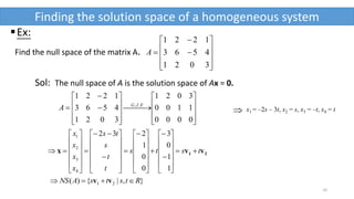 10
Finding the solution space of a homogeneous system
Ex:
Find the null space of the matrix A.
Sol: The null space of A is the solution space of Ax = 0.













3021
4563
1221
A










 













0000
1100
3021
3021
4563
1221
.. EJG
A x1 = –2s – 3t, x2 = s, x3 = –t, x4 = t
21 vvx tsts
t
t
s
ts
x
x
x
x

























































1
1
0
3
0
0
1
232
4
3
2
1
},|{)( 21 RtstsANS  vv
 