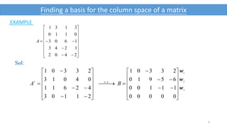 8
Finding a basis for the column space of a matrix



















2402
1243
1603
0110
3131
A
Sol:
3
2
1
..
00000
11100
65910
23301
21103
42611
04013
23301
w
w
w































 BA EGT
EXAMPLE
 