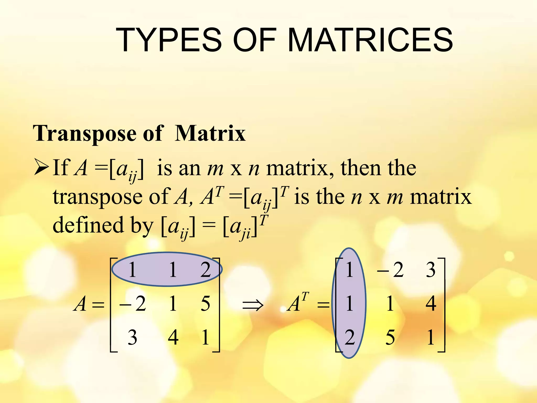 TYPES OF MATRICES
Transpose of Matrix
If A =[aij] is an m x n matrix, then the
transpose of A, AT =[aij]T is the n x m matrix
defined by [aij] = [aji]T









 












152
411
321
143
512
211
T
AA
 