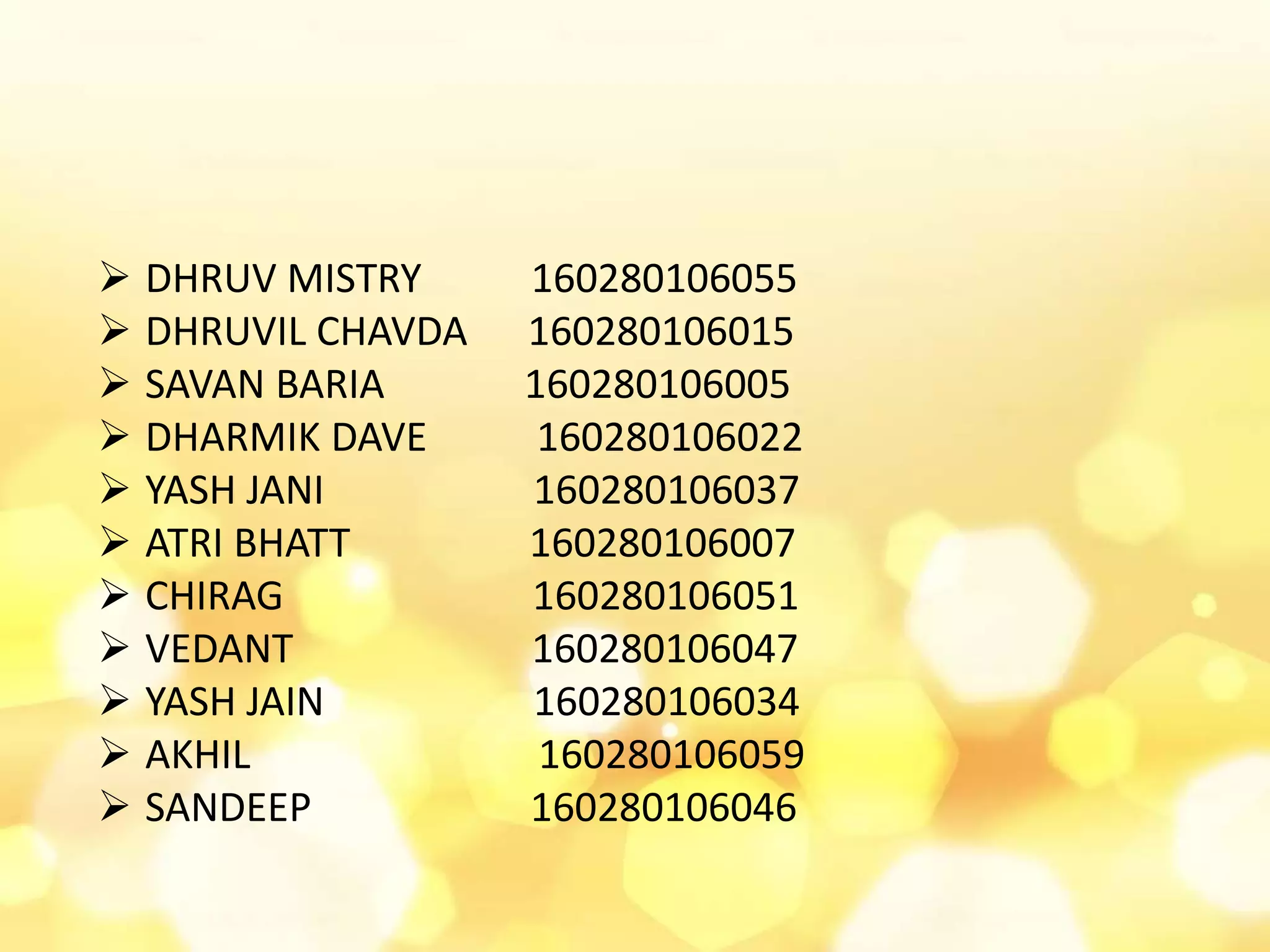  DHRUV MISTRY 160280106055
 DHRUVIL CHAVDA 160280106015
 SAVAN BARIA 160280106005
 DHARMIK DAVE 160280106022
 YASH JANI 160280106037
 ATRI BHATT 160280106007
 CHIRAG 160280106051
 VEDANT 160280106047
 YASH JAIN 160280106034
 AKHIL 160280106059
 SANDEEP 160280106046
 