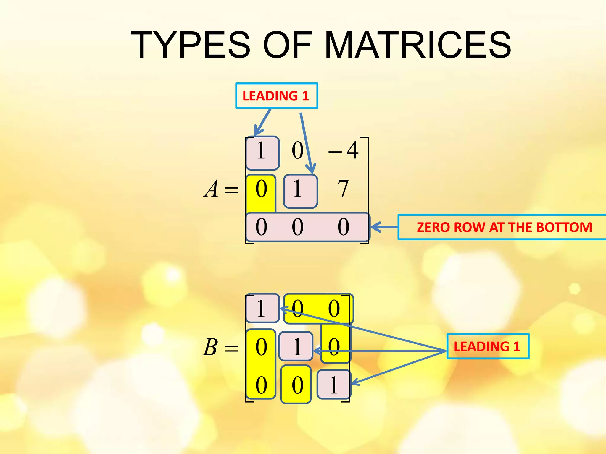 TYPES OF MATRICES




















 

100
010
001
000
710
401
B
A
LEADING 1
ZERO ROW AT THE BOTTOM
LEADING 1
 