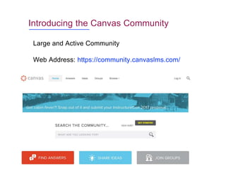 Introducing the Canvas Community
Web Address: https://community.canvaslms.com/
Large and Active Community
 